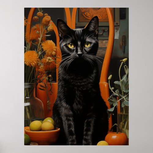 A Gorgeous Black Cat in an Orange Chair Poster