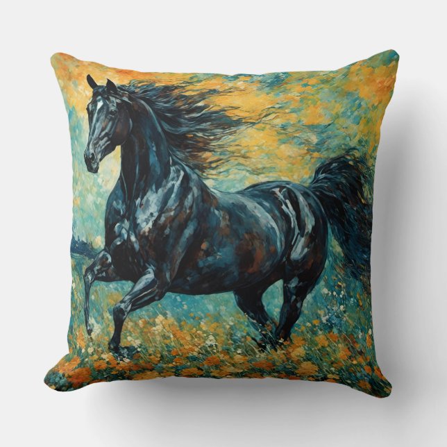 A gorgeous black stallion Throw Pillow (Front)