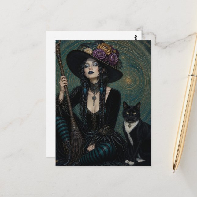 A Gorgeous Witch and her Black and White Cat Postcard (Front/Back In Situ)