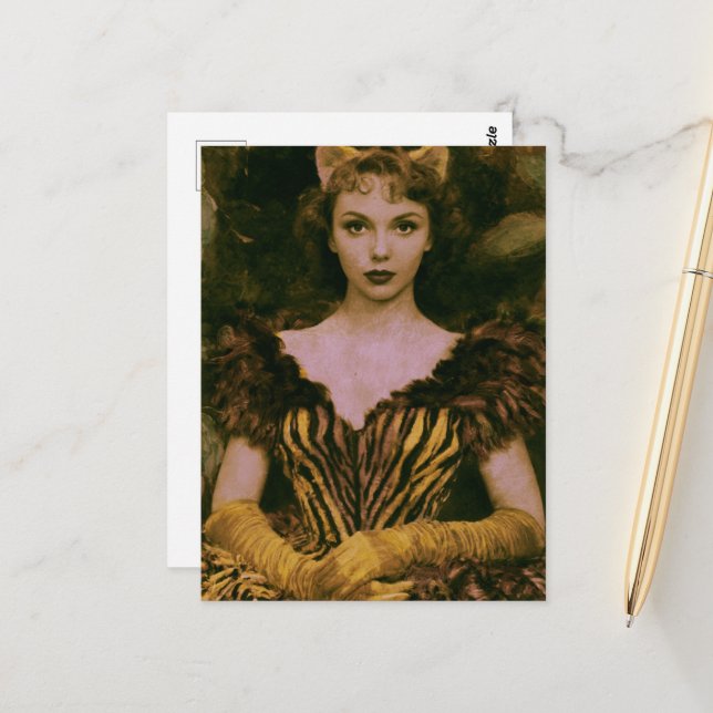 A gorgeous woman in a big cat print dress postcard (Front/Back In Situ)