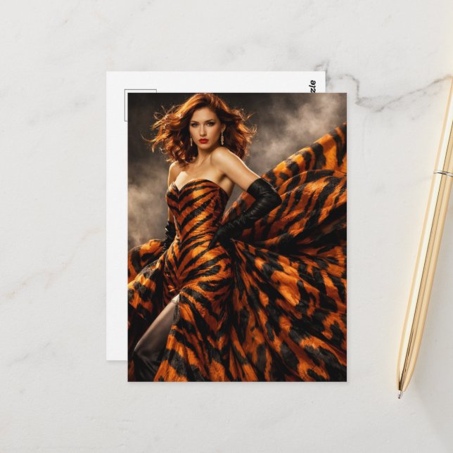 A gorgeous woman in tiger print dress postcard (Front/Back In Situ)