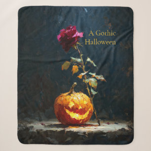 A Gothic Halloween Pumpkin and Rose Sherpa Blanket