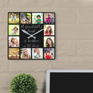 A Grandchild's Laugh Quote 12 Photo Black Square Wall Clock
