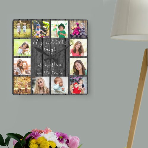 A Grandchilds Laugh Quote 12 Photo Grey Wood Square Wall Clock