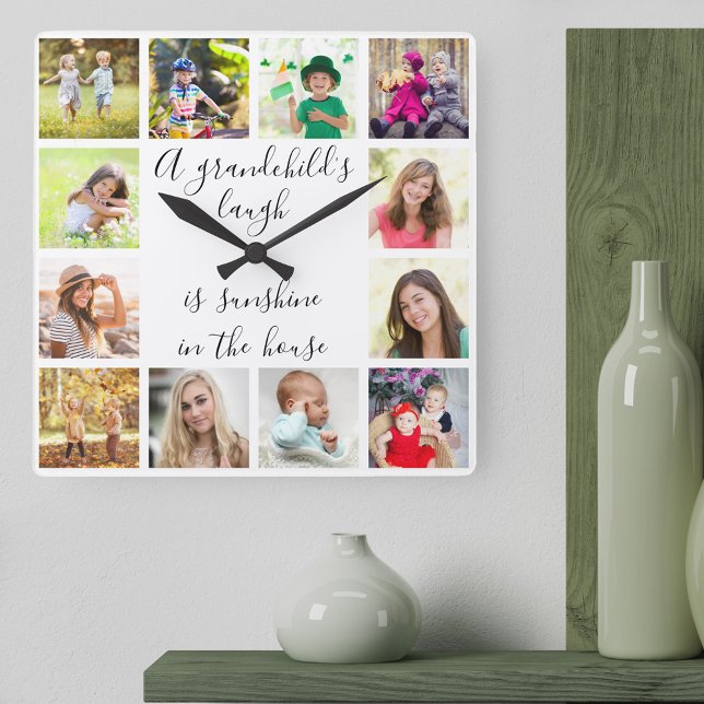 A Grandchild's Laugh Quote 12 Photo White Square Wall Clock (Photo gift for grandparents or grandchildren .. quote is framed with 12 of your fave photos)