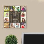 A Grandchild's Laugh Quote 12 Photo Wood Effect Square Wall Clock<br><div class="desc">Create your own unique photo clock for grandparents with 12 of your favorite photos. The grandkids quote is printed in elegant handwritten script typography and reads "a grandchild's laugh is sunshine in the house". This design has a rustic country wood background and the simple grid style photo collage displays your...</div>