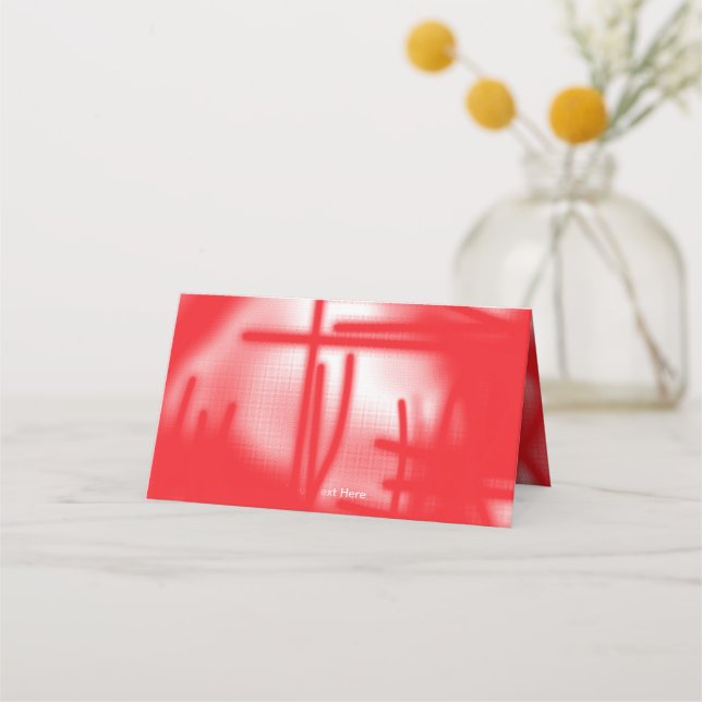 A graphic design featuring bold red and orange sha place card (Front)