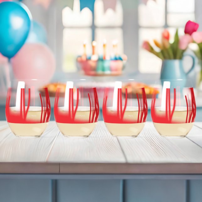 A graphic design featuring bold red and orange sha stemless wine glass (Insitu (Baby Shower))