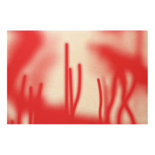 A graphic design featuring bold red and orange sha wood wall art
