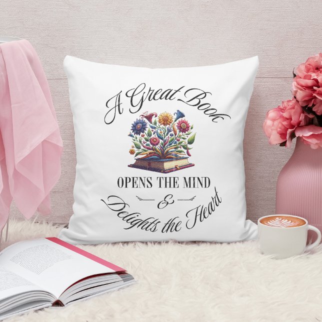 A Great Book Delights Floral  Throw Pillow (Creator Uploaded)