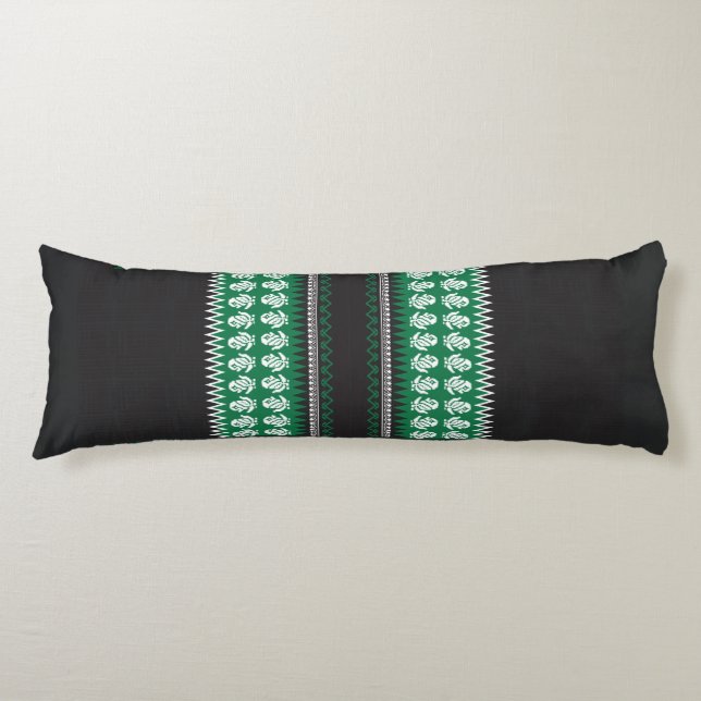 a green and black pattern with a tree in the middl body pillow (Front)