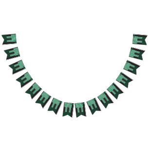 a green and black pattern with a tree in the middl bunting flags