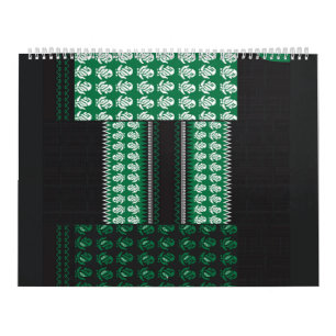 a green and black pattern with a tree in the middl calendar