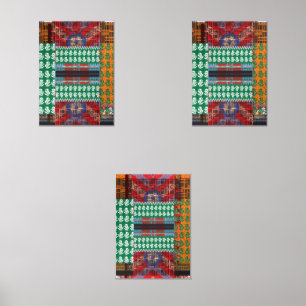 a green and black pattern with a tree in the middl wall art sets