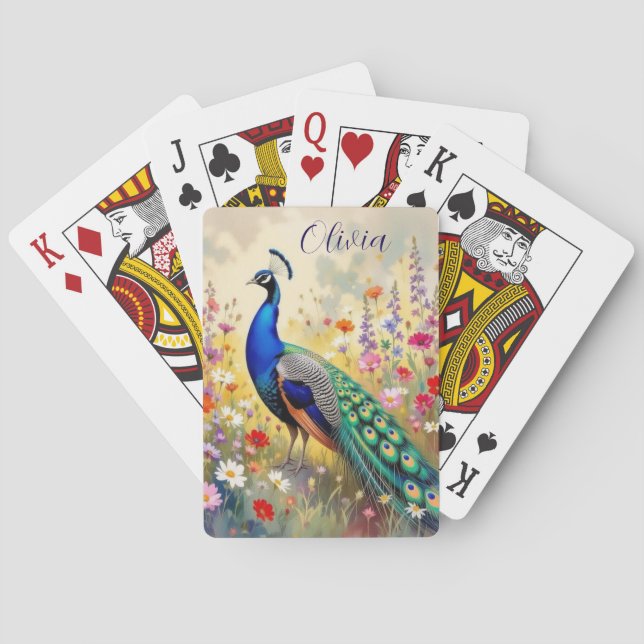 A Green and Blue Peacock in Flowers Personalized Poker Cards (Back)