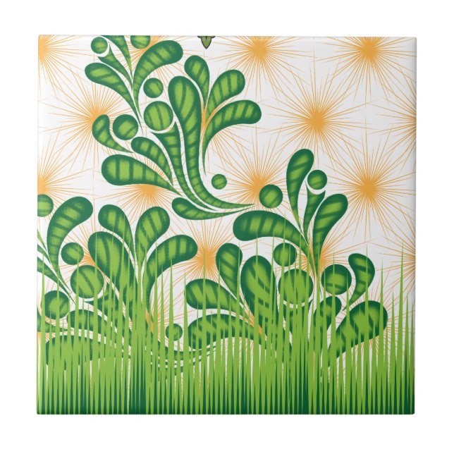 A green and gold artistic pattern depicting a tree ceramic tile (Front)