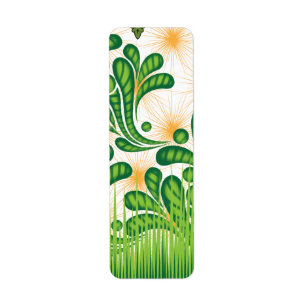 A green and gold artistic pattern depicting a tree label