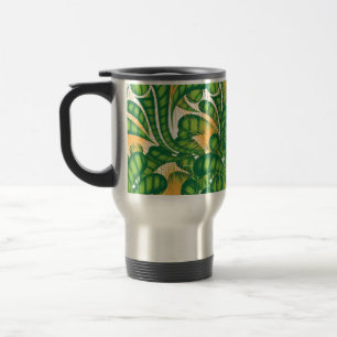 A green and gold artistic pattern depicting a tree travel mug