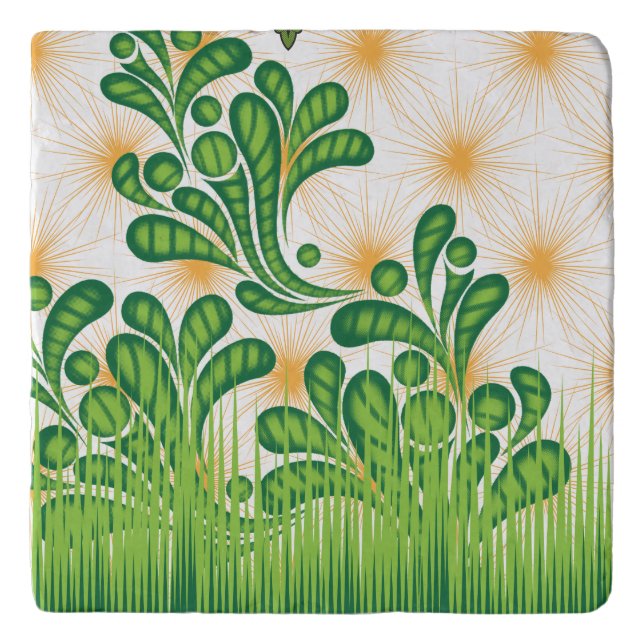 A green and gold artistic pattern depicting a tree trivet (Front)