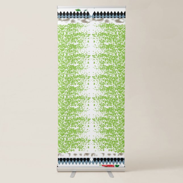 a green and white background with small dots retractable banner (Front)