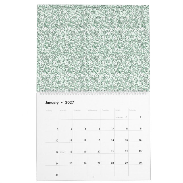 a green and white background with small leaves calendar (Jan 2027)