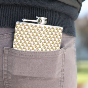 a green and white background with small leaves flask