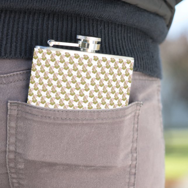 a green and white background with small leaves flask (In Situ)