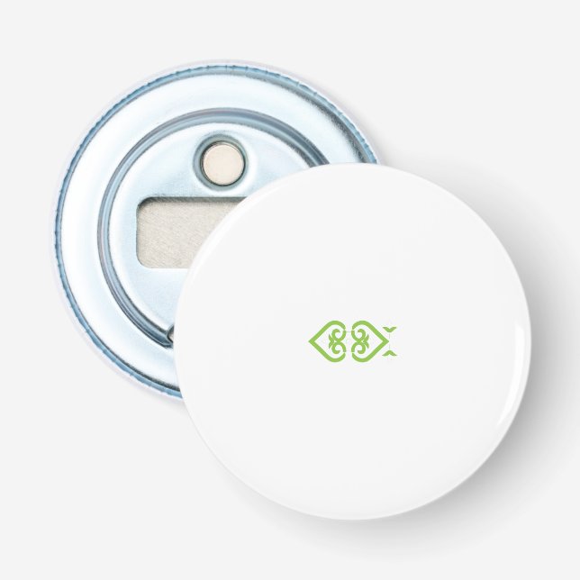 a green and white logo with a stylized design bottle opener (Front)