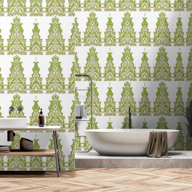 a green and white wallpaper with ornate designs (Bathroom)