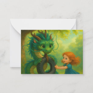 A Green Asian Baby Dragon with Puppy Eyes Fantasy Note Card