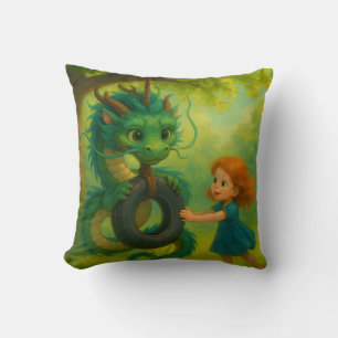 A Green Asian Baby Dragon with Puppy Eyes Fantasy  Throw Pillow