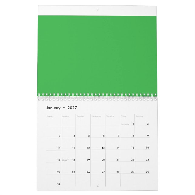 a green background with a white border calendar (Jan 2027)