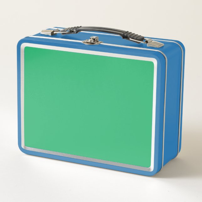 a green background with a white border metal lunch box (Front)