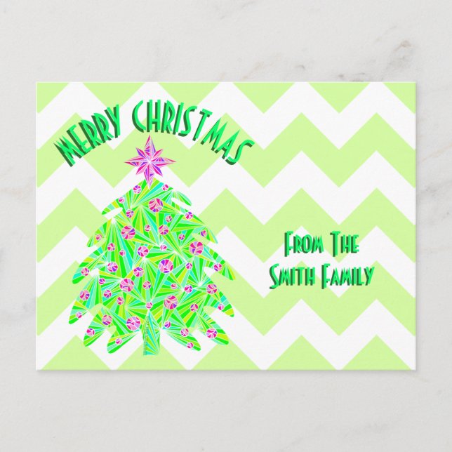 A Green Christmas Tree Colorful Chevron Stripes Holiday Postcard (Front)