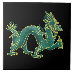 A Green Dragon with Gold Trim Ceramic Tile