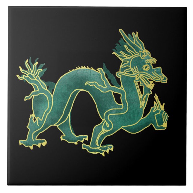 A Green Dragon with Gold Trim Ceramic Tile (Front)
