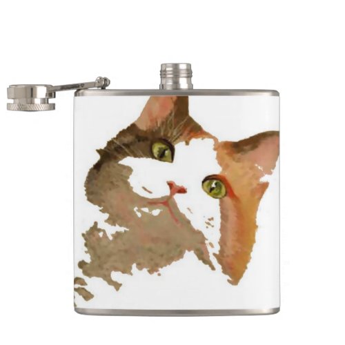 A Green Eyed Calico Cat Artistic Portrait Hip Flask