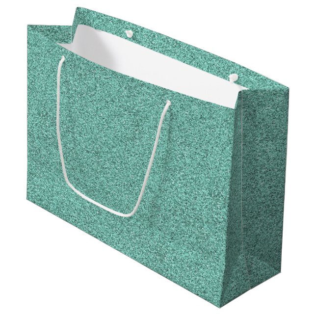 A green glitter gift bag with white handles (Front Angled)
