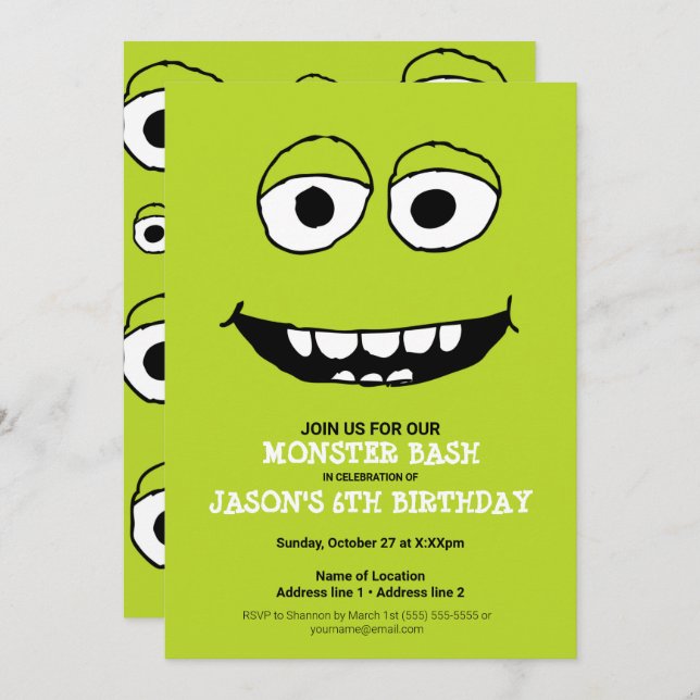 A Green Monster Bash! Cute Monster Party Invites (Front/Back)
