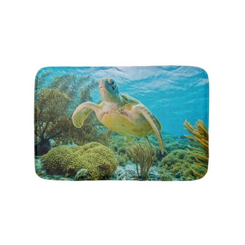 A Green Turtle On The Shallow Reefs Of Bonaire Bathroom Mat