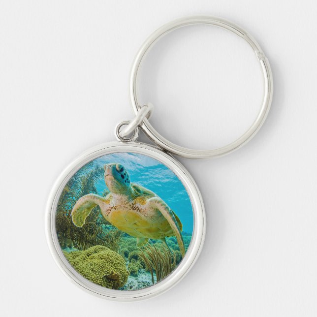 A Green Turtle On The Shallow Reefs Of Bonaire Keychain (Front)