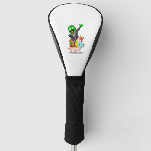 A green Zombie is riding a cute pink Unicorn for Golf Head Cover