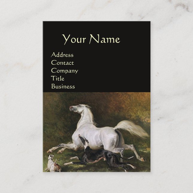 A Grey Arab Stallion Galloping With Dogs Business Card (Front)