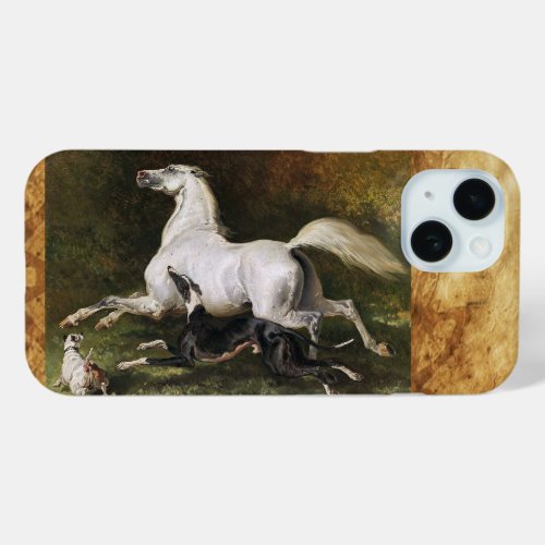 A Grey Arab Stallion Galloping With Dogs iPhone 15 Case