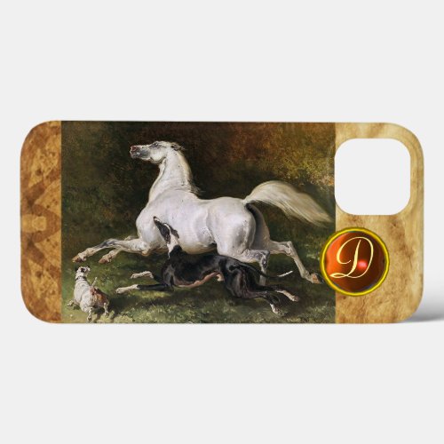 A Grey Arab Stallion Galloping With Dogs Monogram iPhone 13 Case