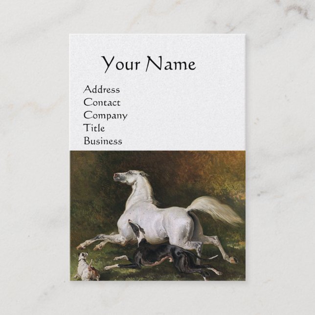 A Grey Arab Stallion Galloping With Dogs, Pearl Business Card (Front)