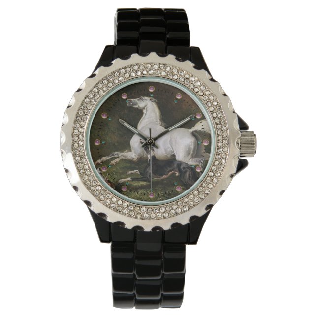 A Grey Arab Stallion Galloping With Dogs Watch (Front)