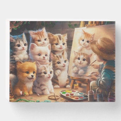 A group of cute cats drawn by an artist wooden box sign