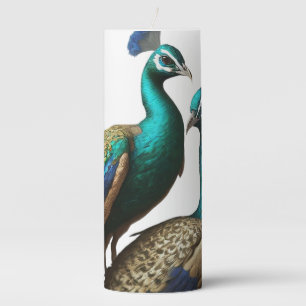 a group of peacocks displaying their feathers. pillar candle