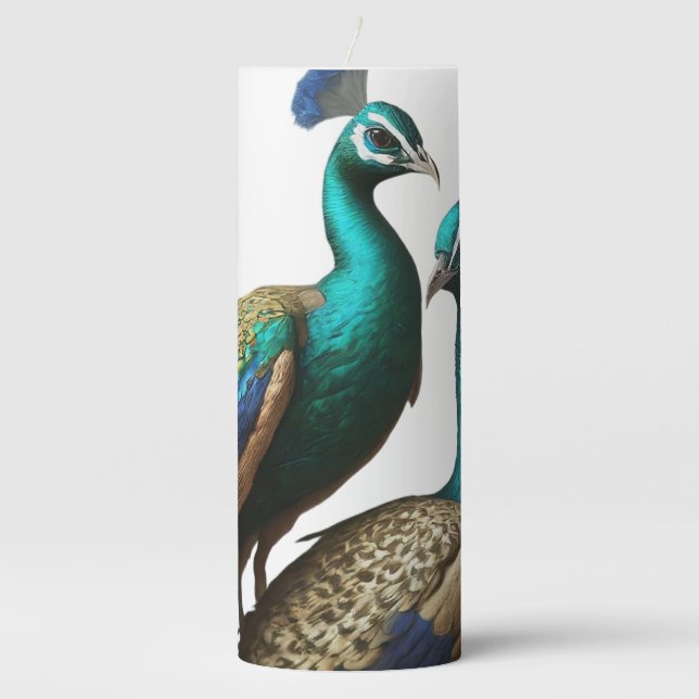 a group of peacocks displaying their feathers. pillar candle (Front)